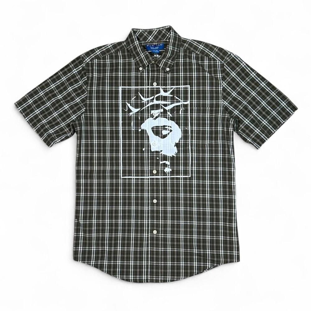 Jesus christ graphic screen printed on vintage puritan button up shirt skate